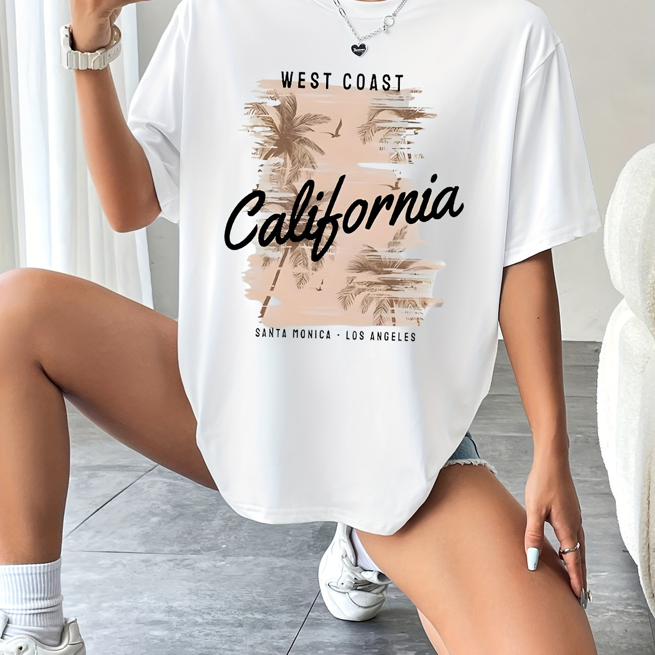 

California Print Drop Shoulder T-shirt, Short Sleeve Crew Neck Casual Top For Spring & Summer, Women's Clothing