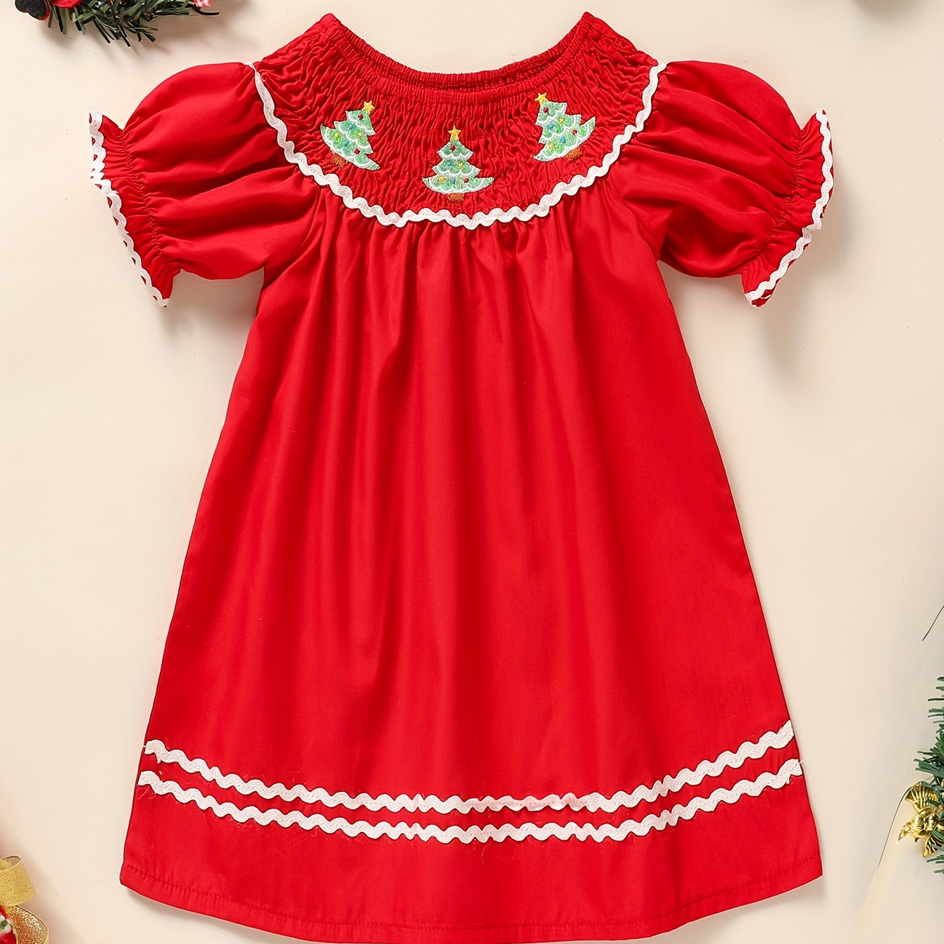 

Girl Christmas Dress - Cute Lantern Sleeve With Tree Print, Holiday Parties & Photoshoots