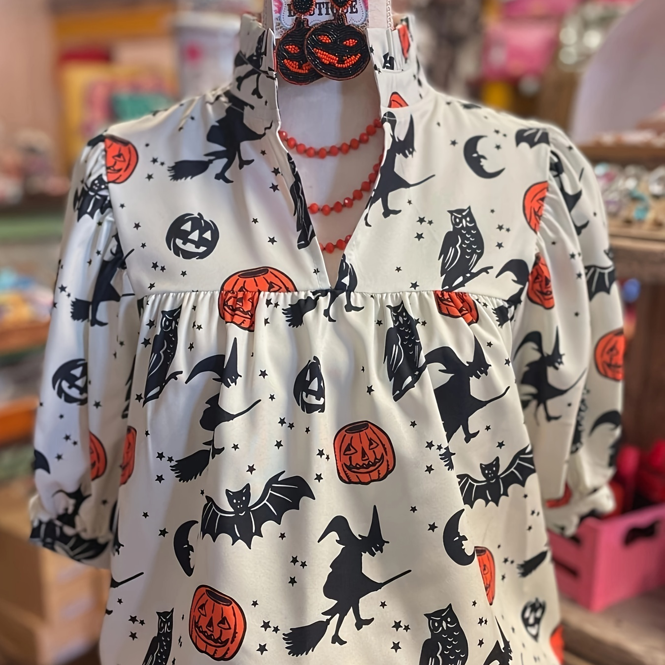 

Halloween Christmas Pumpkin Print V-neck Pleated Top Short Sleeve Shirt T-shirt