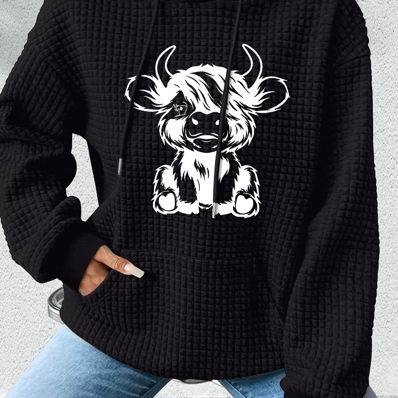 

Cow Print Waffle Kangaroo Pocket Hoodie, Casual Long Sleeve Drawstring Hoodies Sweatshirt, Women's Clothing