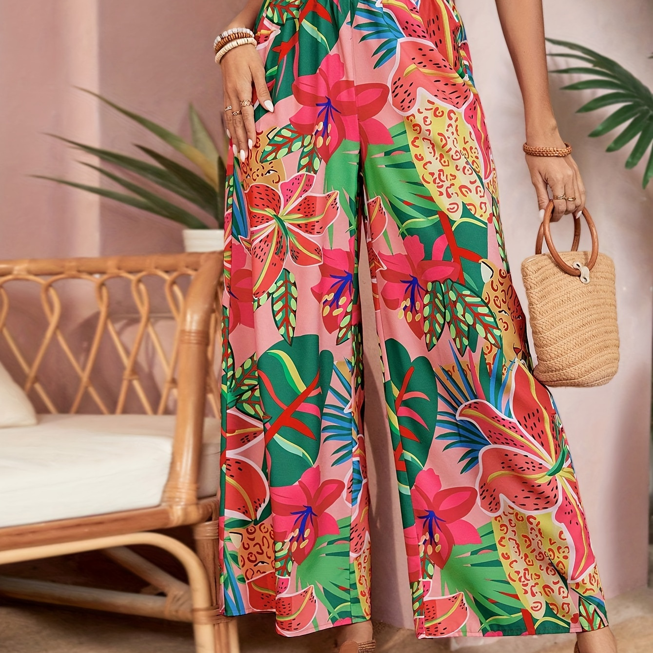 

Plant Print Wide Leg Pants, Boho Loose Pants For Spring & Summer, Women's Clothing
