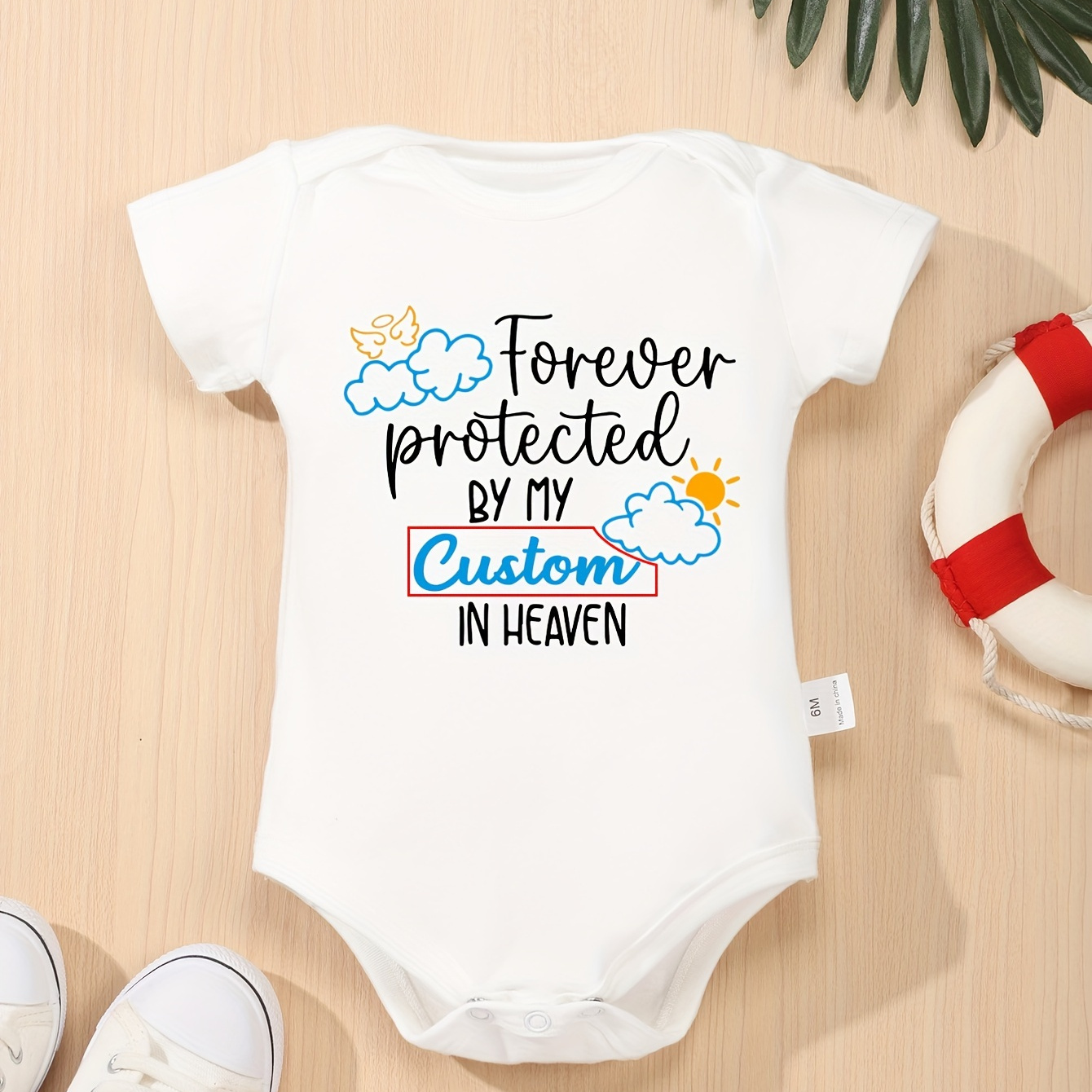 

Forever Protected By My... In Heaven Letter Print Customized Baby Boys&girls Onesie, Custom Name, Baby's Personalized Clothing Cozy Short Sleeve Jumpsuit Romper