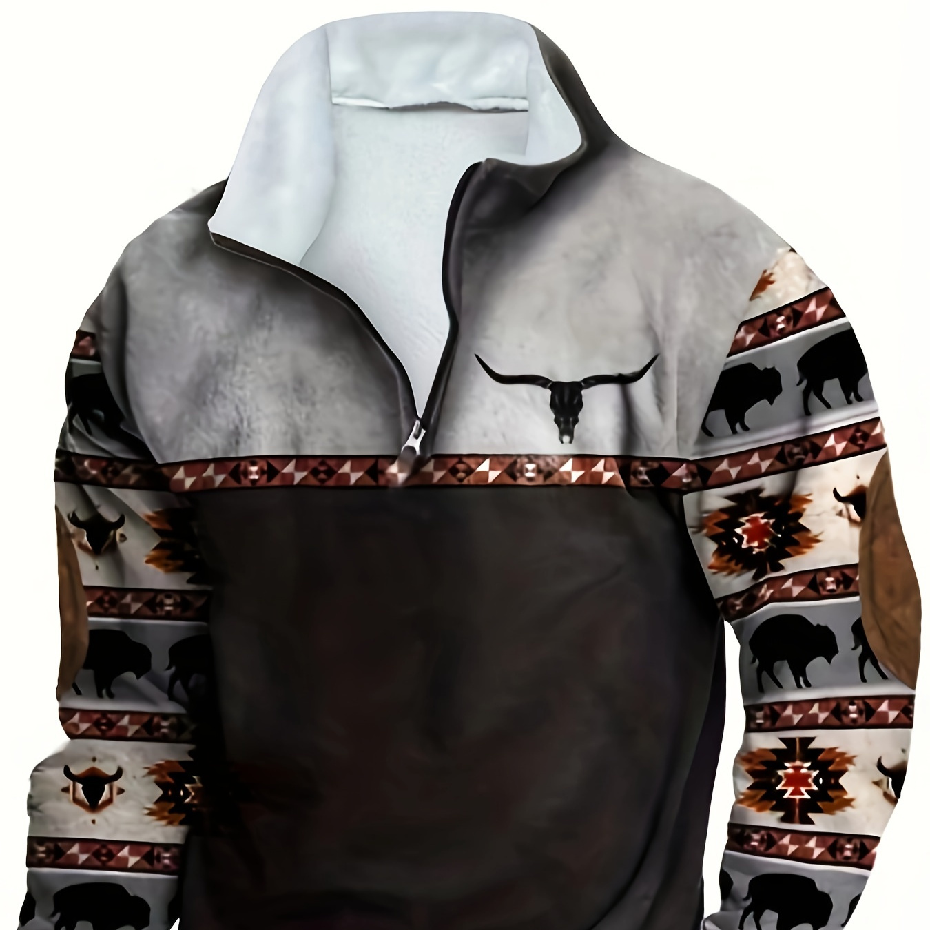 

Men's Ethnic Style Animal Skull And Ox Pattern Long Sleeve Stand Collar Sweatshirt With Henley Neck, Stylish And Trendy Tops For Autumn And Winter Outdoors Wear And Vacation Resorts