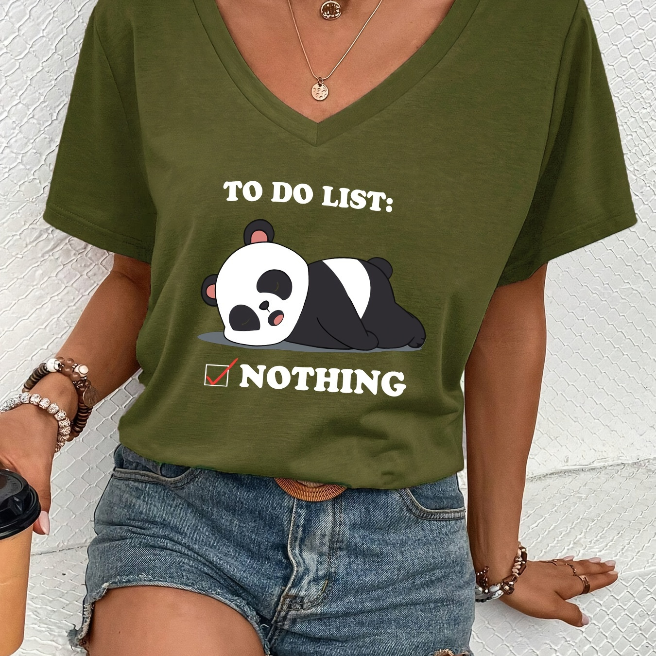 

Women's Casual V-neck T-shirt With Cute & Letter Print - Breathable Polyester, Spring/summer