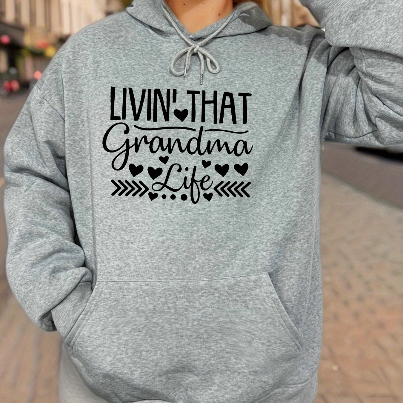 

Grandma Letter Print Drawstring Kangaroo Pocket Hooded Sweatshirt, Women's Fashion Casual Hoodie, Women's Clothing