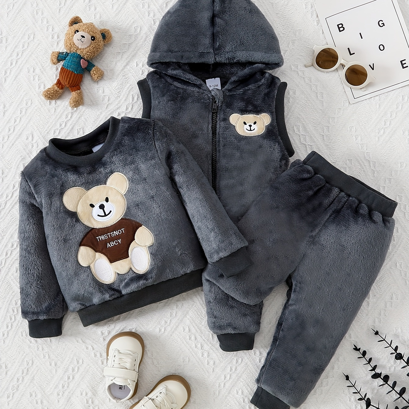 

3pcs Cartoon Bear Embroidery Baby's Fall/winter Co-ords, Warm Fuzzy Sweatshirt & Hooded Vest & Casual Pants, Toddler & Infant Boy's Clothing Set