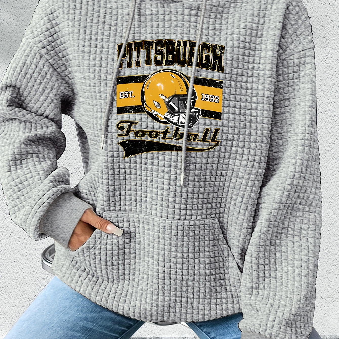 

Pittsburgh Football Waffle Knit Women's Long Sleeve Hoodie, Casual Polyester Hooded Sweatshirt With Applique, For Fall/winter