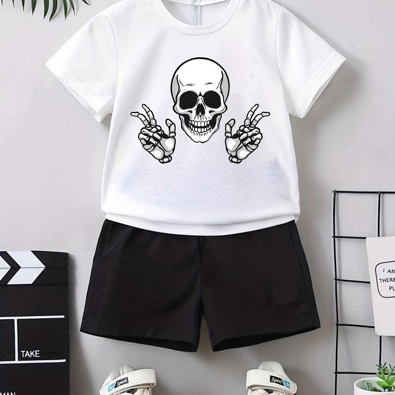 

Boy's Halloween Style 2pcs, T-shirt & Shorts Set, Cartoon Happy Skull Print Short Sleeve Top, Casual Outfits, Kids Clothes For Summer