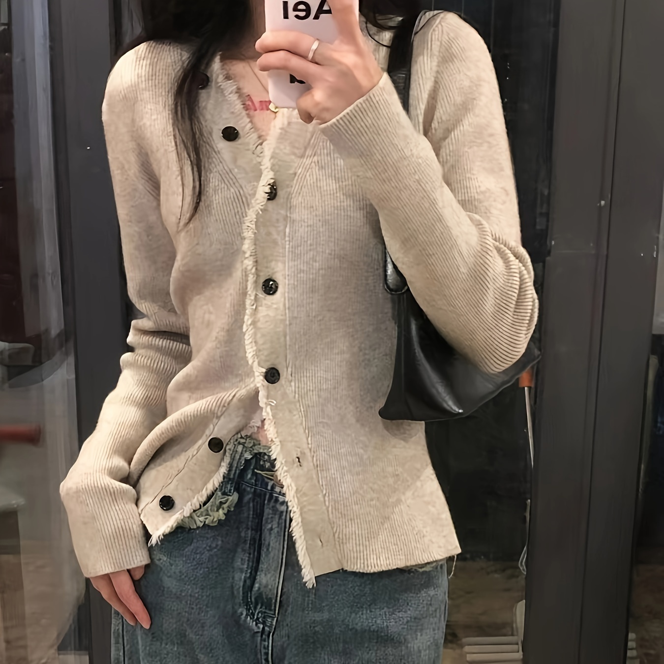 

1pc V- Cardigan For Women, Polyester Long Sleeve , Regular Length Outerwear For /