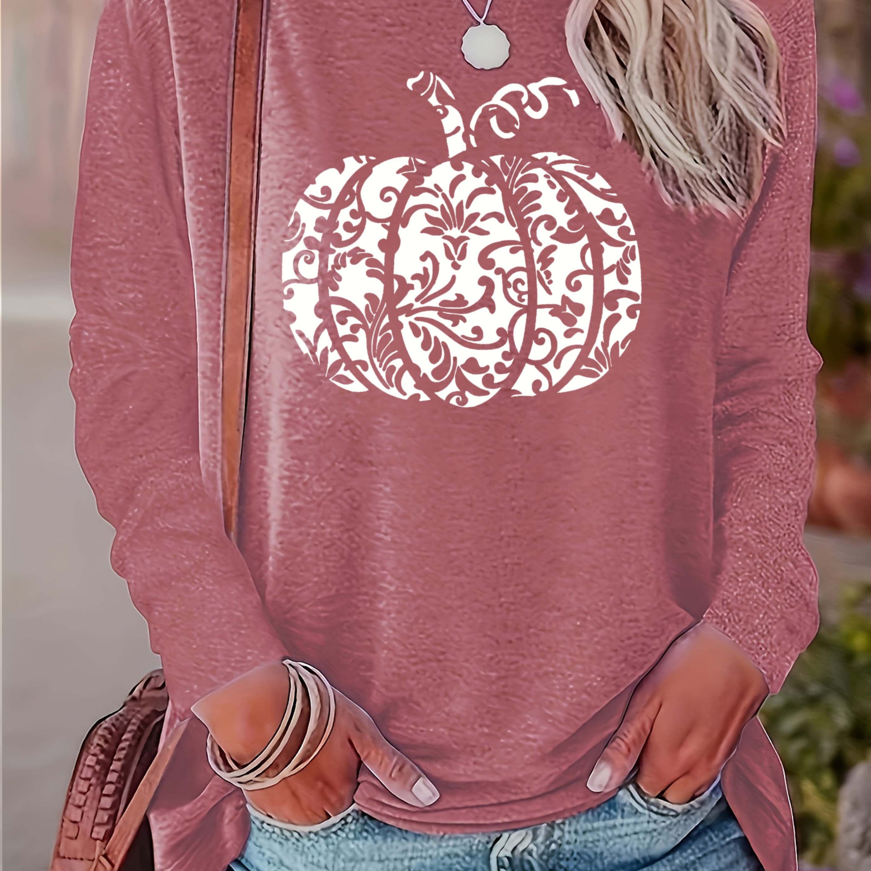 

Halloween Pumpkin Print Tee, Casual Long Sleeve Crew Neck T-shirt, Women's Clothing