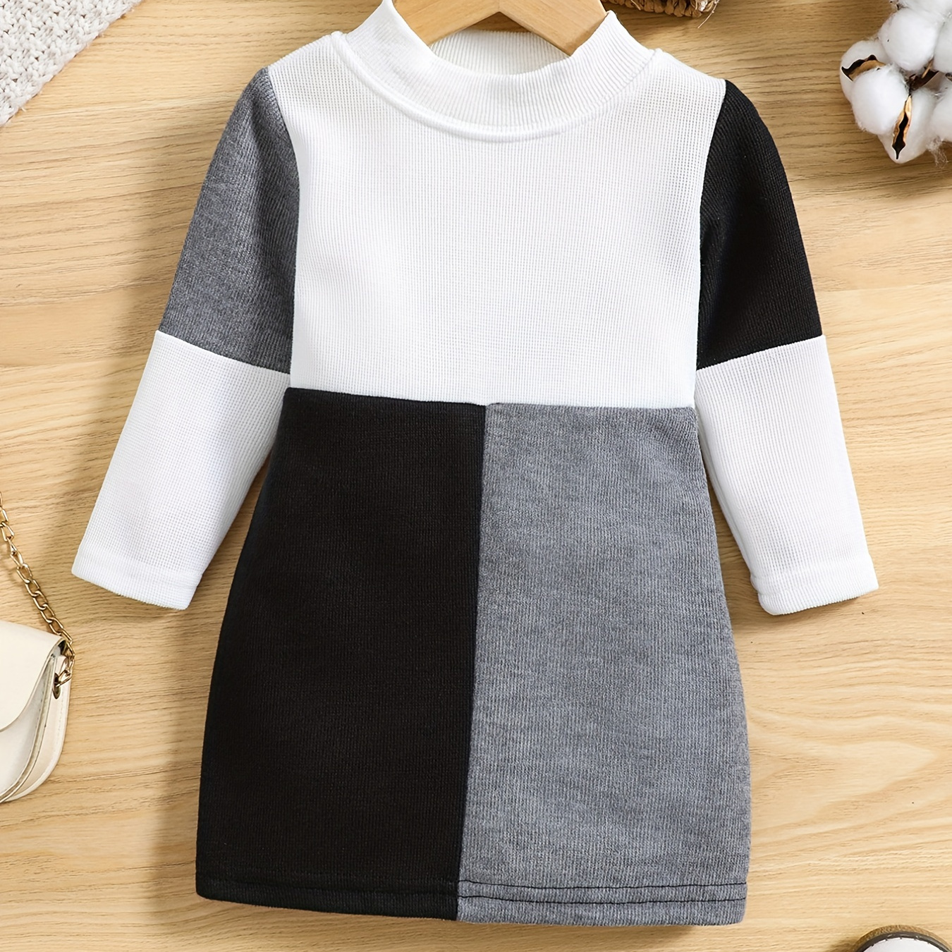 

Baby Girls Crew Neck Long Sleeve Splicing Color Block Knit Dress Kids Clothes