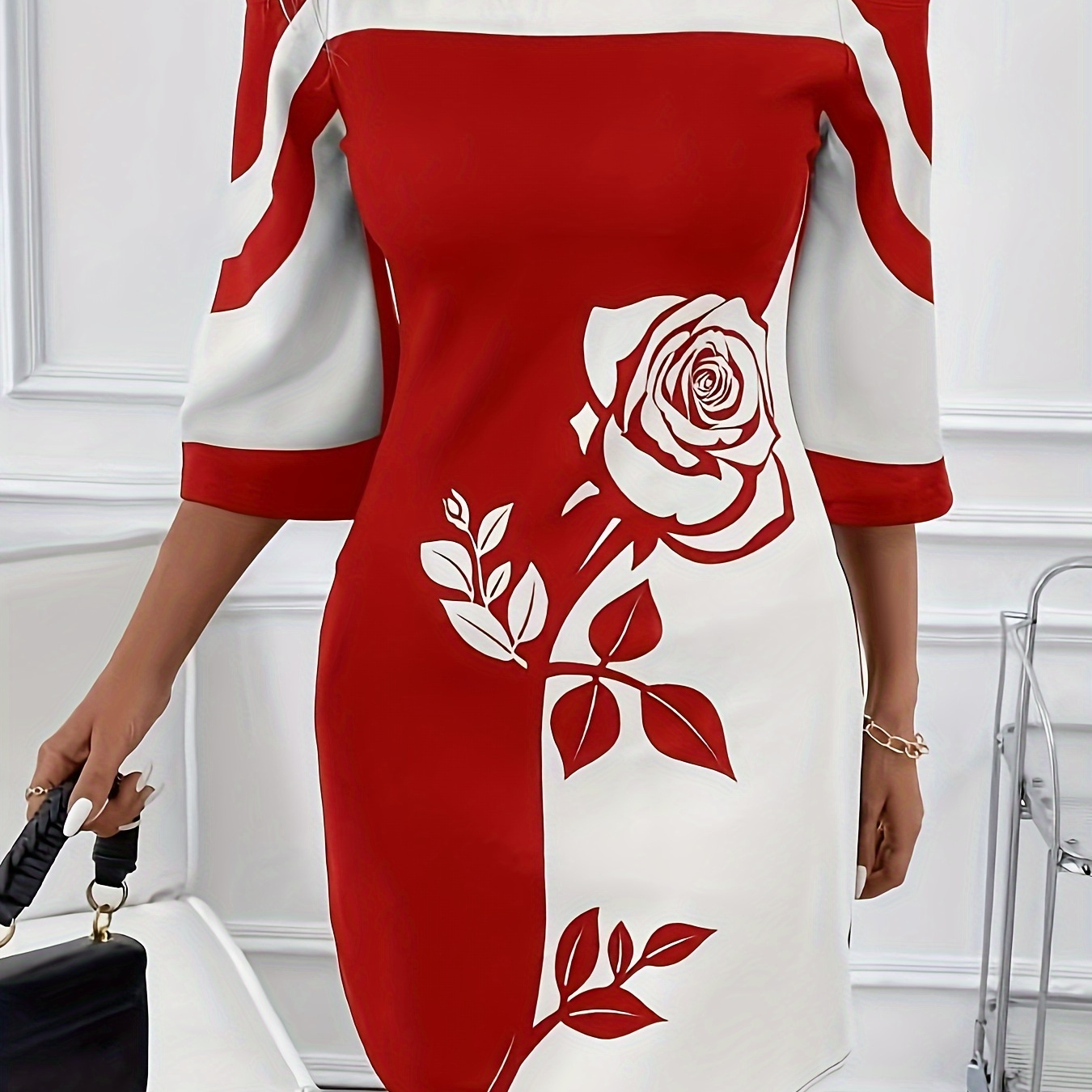 

Elegant Off-shoulder Floral Dress For Women - Stylish Red And White With , Round Neck, High Stretch Fabric, Machine Washable, Cute Dresses