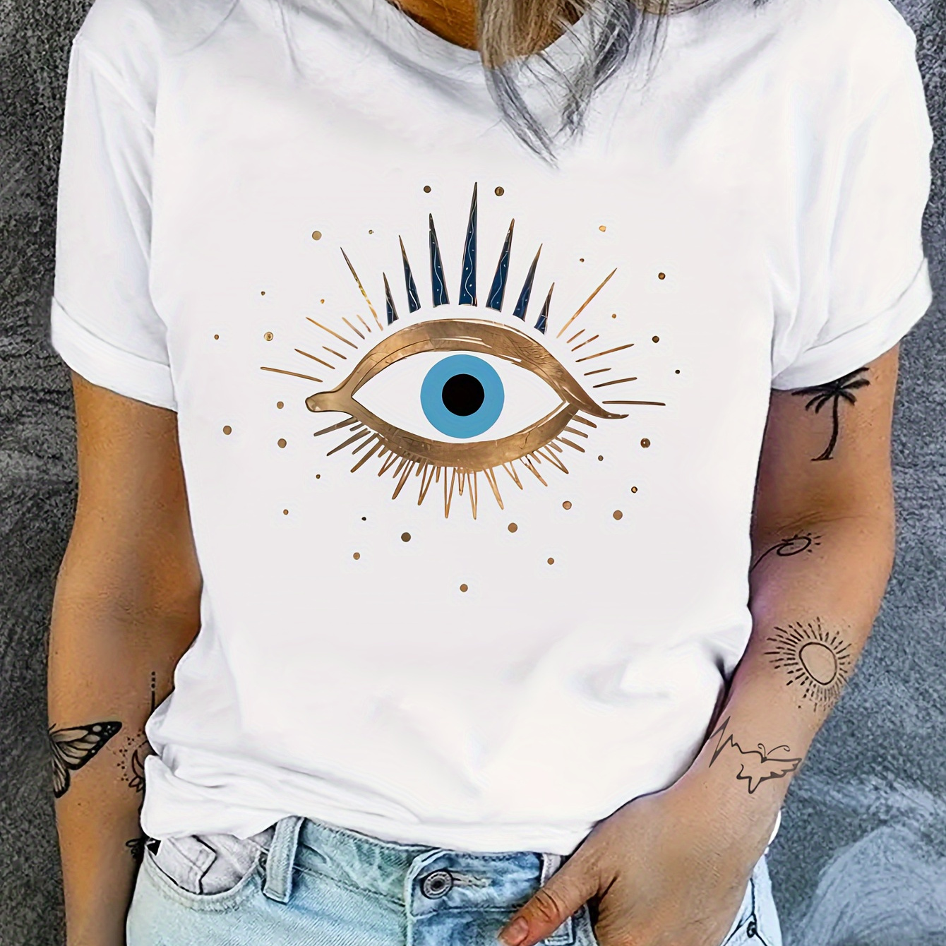 

Evil Eye Graphic Print T-shirt, Short Sleeve Crew Neck Casual Top For Summer & Spring, Women's Clothing