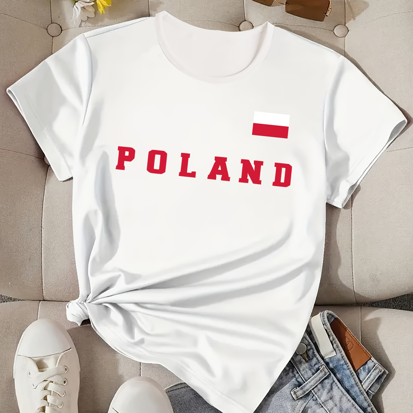 

Poland Print T-shirt, Casual Crew Neck Short Sleeve T-shirt For , Women's Clothing