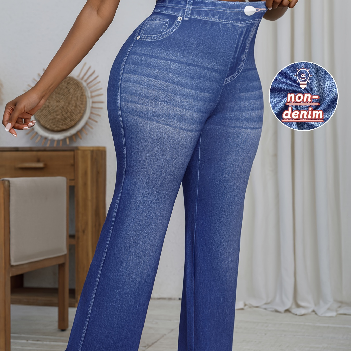 

Pantalon en denim grande taille avec taille élastique, pantalon décontracté à jambes droites pour , vêtements grande taille pour femmes.