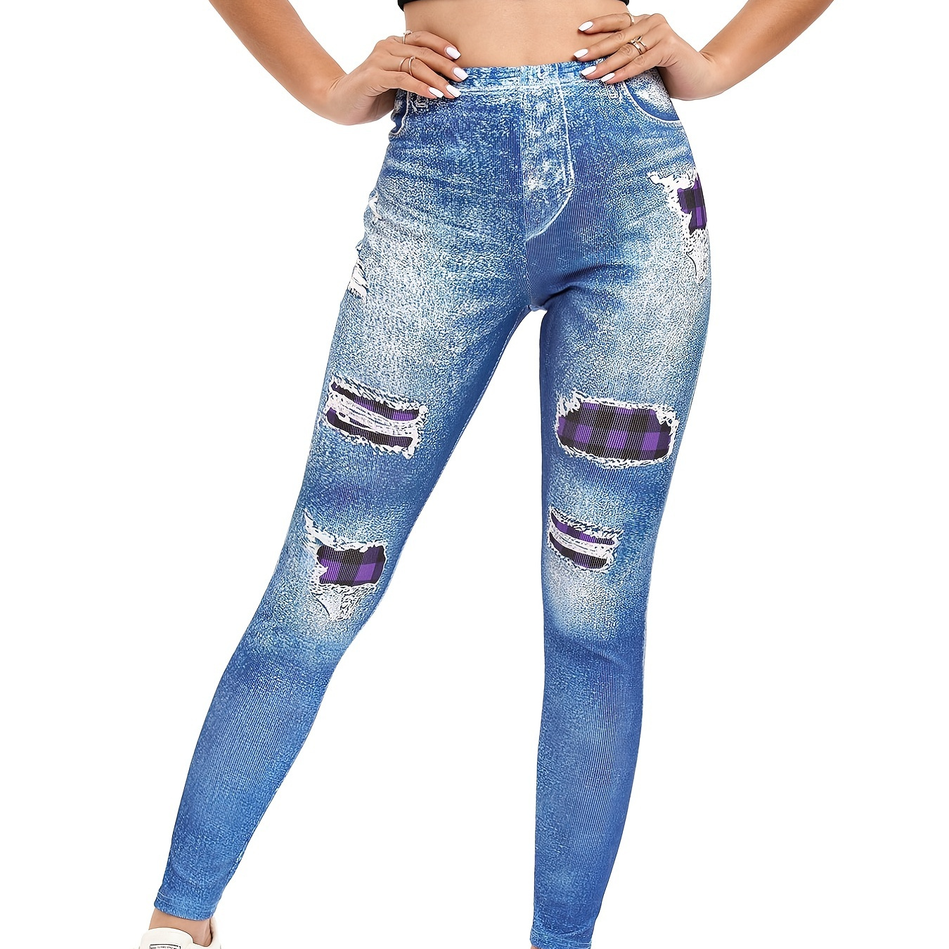 Ripped Denim Print Leggings Casual High Waist Stretchy - Temu