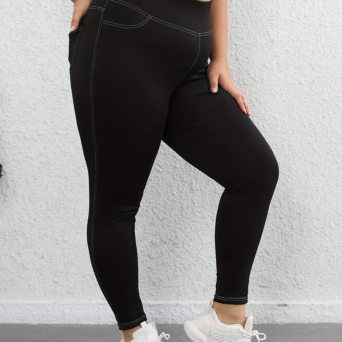 

Women's Plus Size High-waisted Yoga Leggings With Pockets, Stretchy Workout Tights, Black Color Plain Athletic Pants For