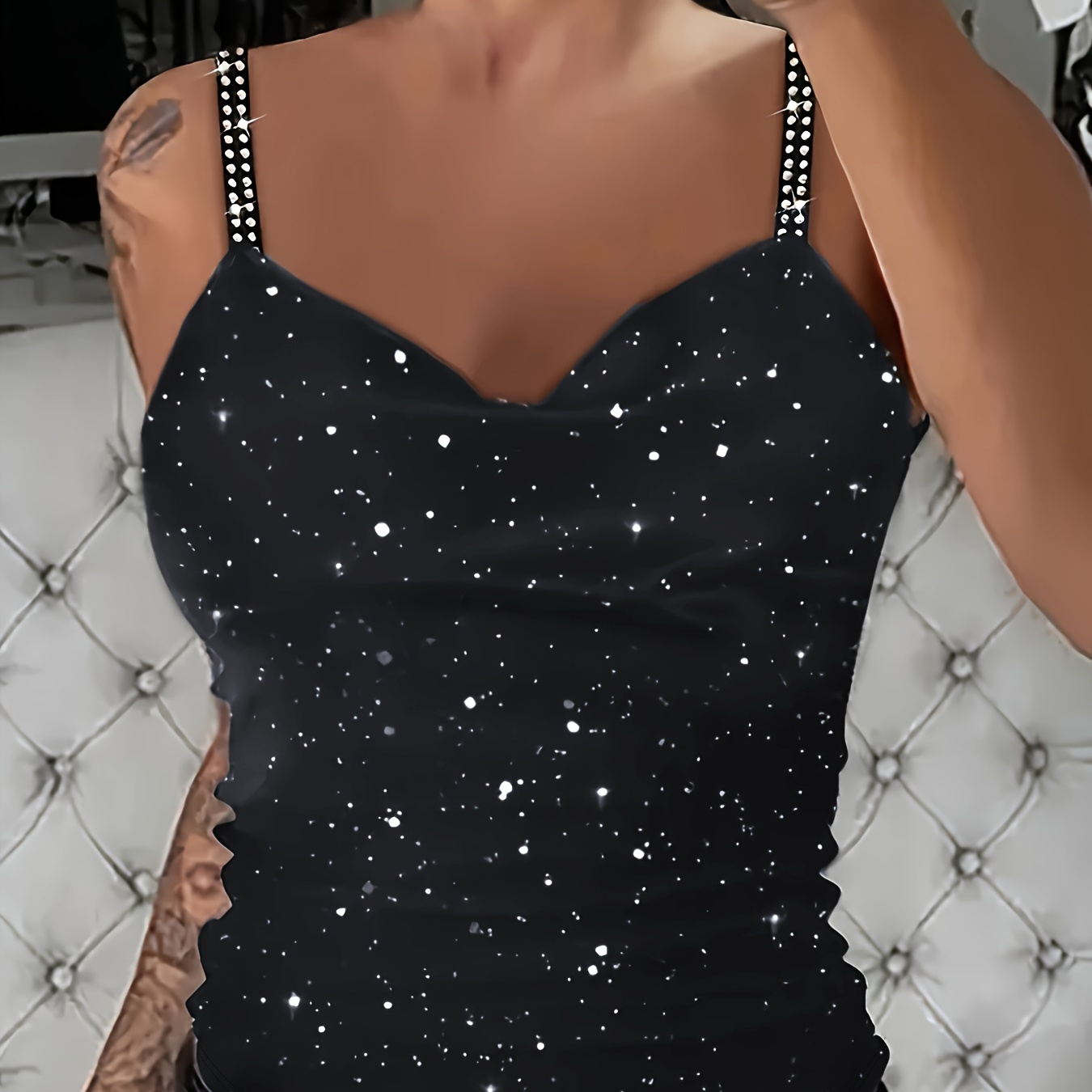 

Galaxy Print Spaghetti Strap Tank Top, Casual Rhinestone Sleeveless Knitted Cami Top For Summer, Women's Clothing