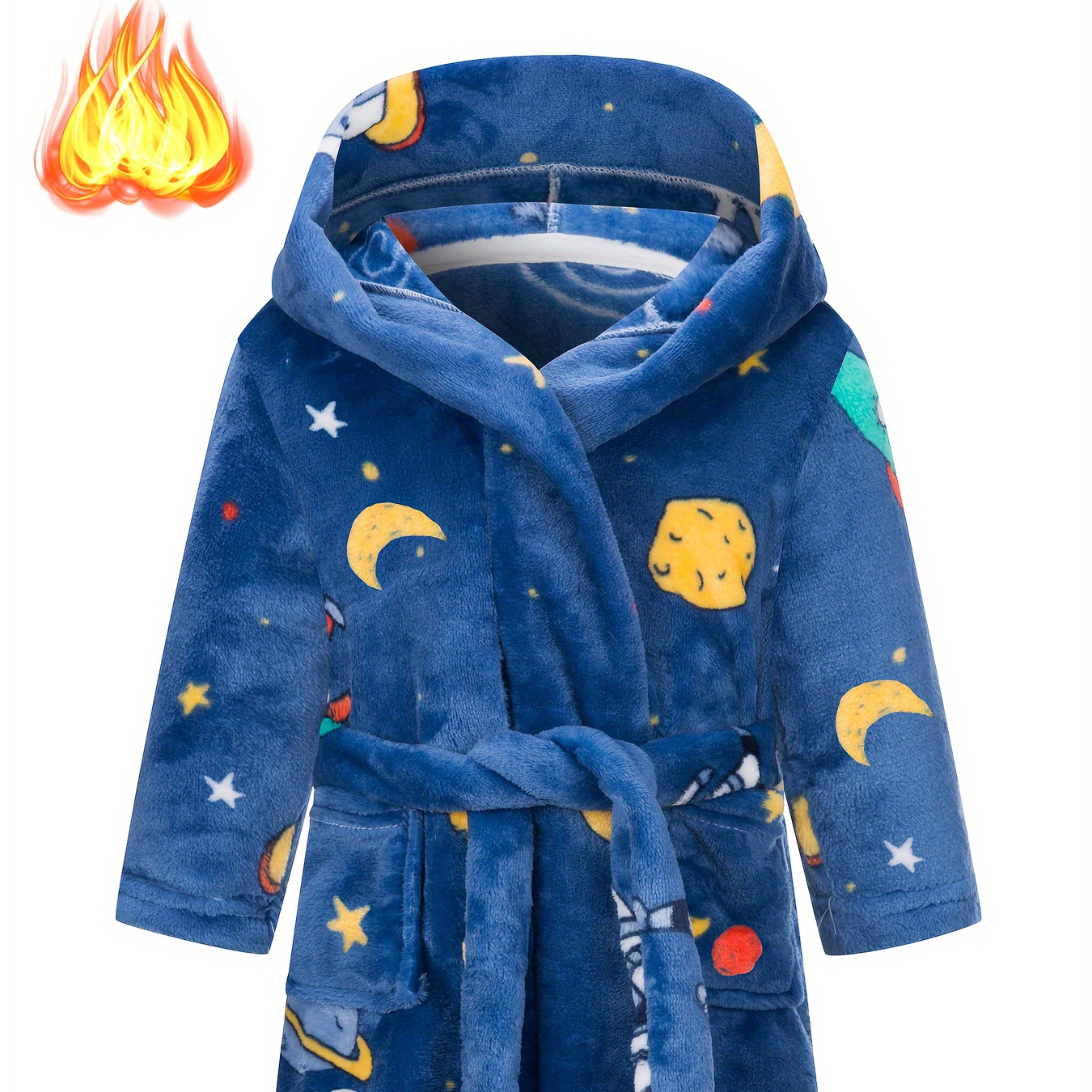 

Adorable Moon Star Astronaut Pattern Boy's Thickened Flannel Hooded Bathrobe - Warm & Robe With Belt For Daily Wearing, 2-11 Years Old