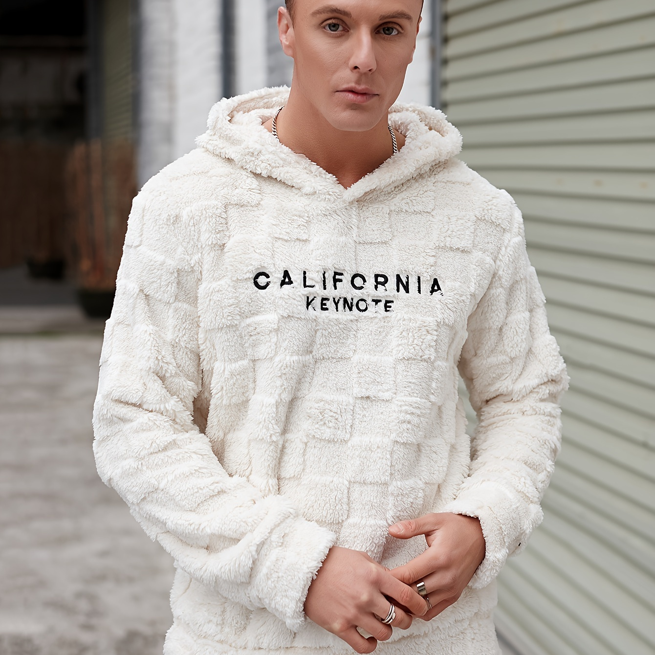 

Chic Design Men's Plaid Pattern And Textured Hooded Sweatshirt With "california Keynote" Letter Embroidery, Trendy Fleece Hoodie For Daily Outerwear
