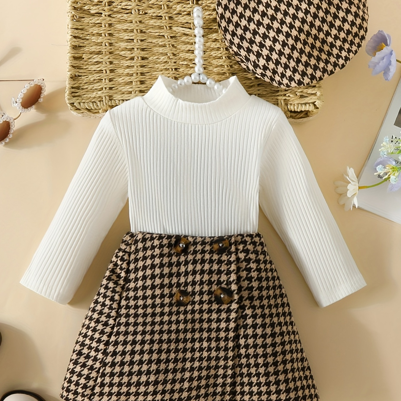 

3pcs Toddler Girls Long Sleeve Top & Plaid Skirt & Hat Set Autumn Winter Infant Baby Stylish Outfit