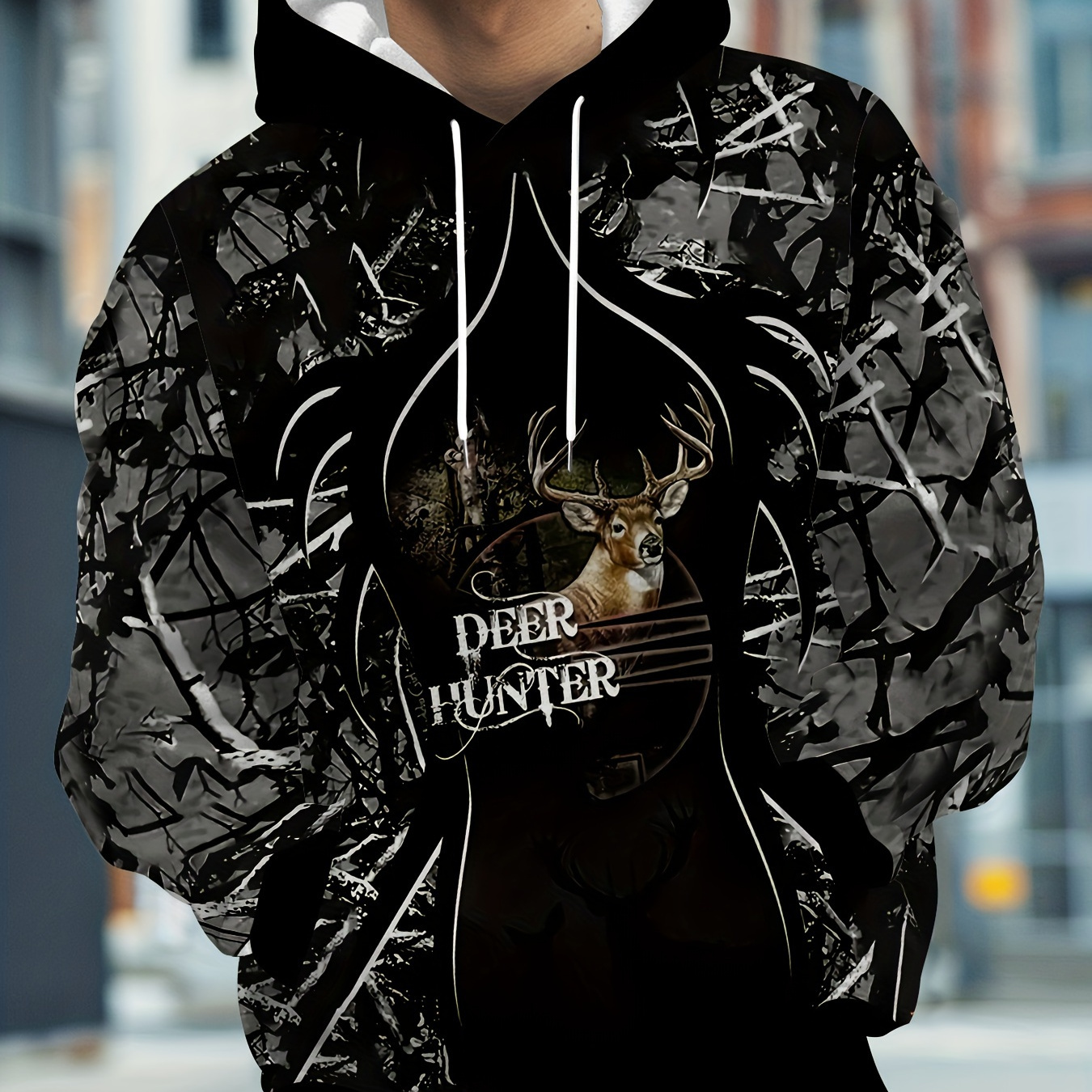 

Men's 'deer ' Print Hooded Sweatshirt, Casual Trendy Thickened Long Sleeve Pullover As Gift