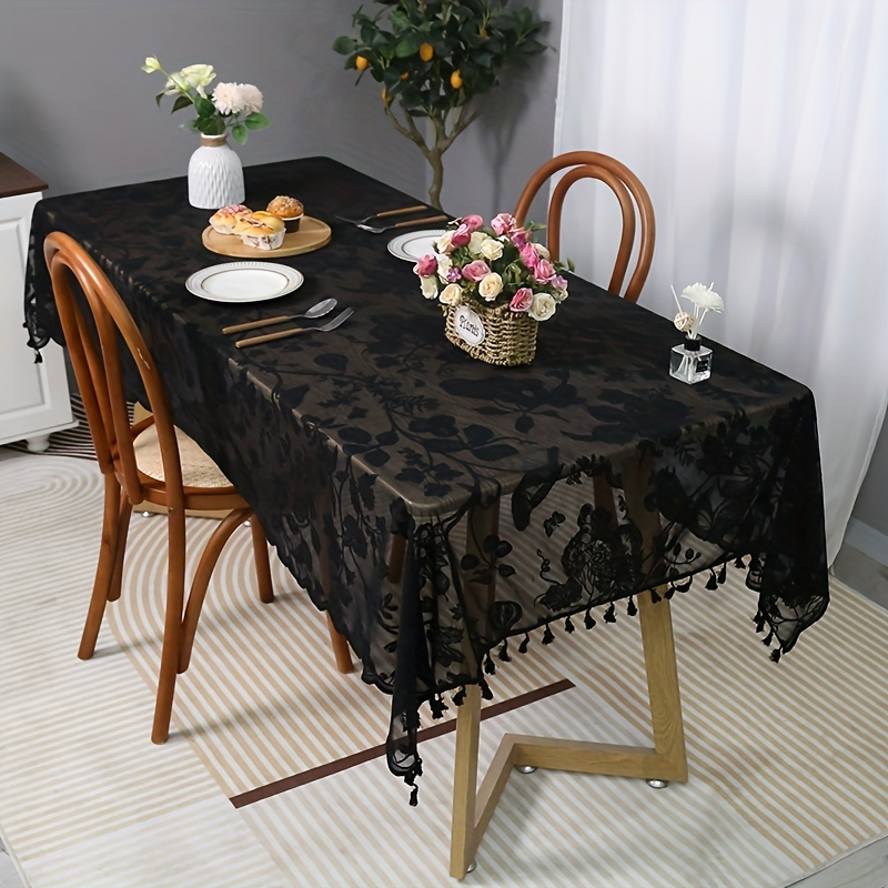 

1pc Modernist Black Lace Embroidered Tablecloth With Tassel - Polyester Rectangle Bird & Floral Pattern Table Cover For Wedding, Party, And Home Decor