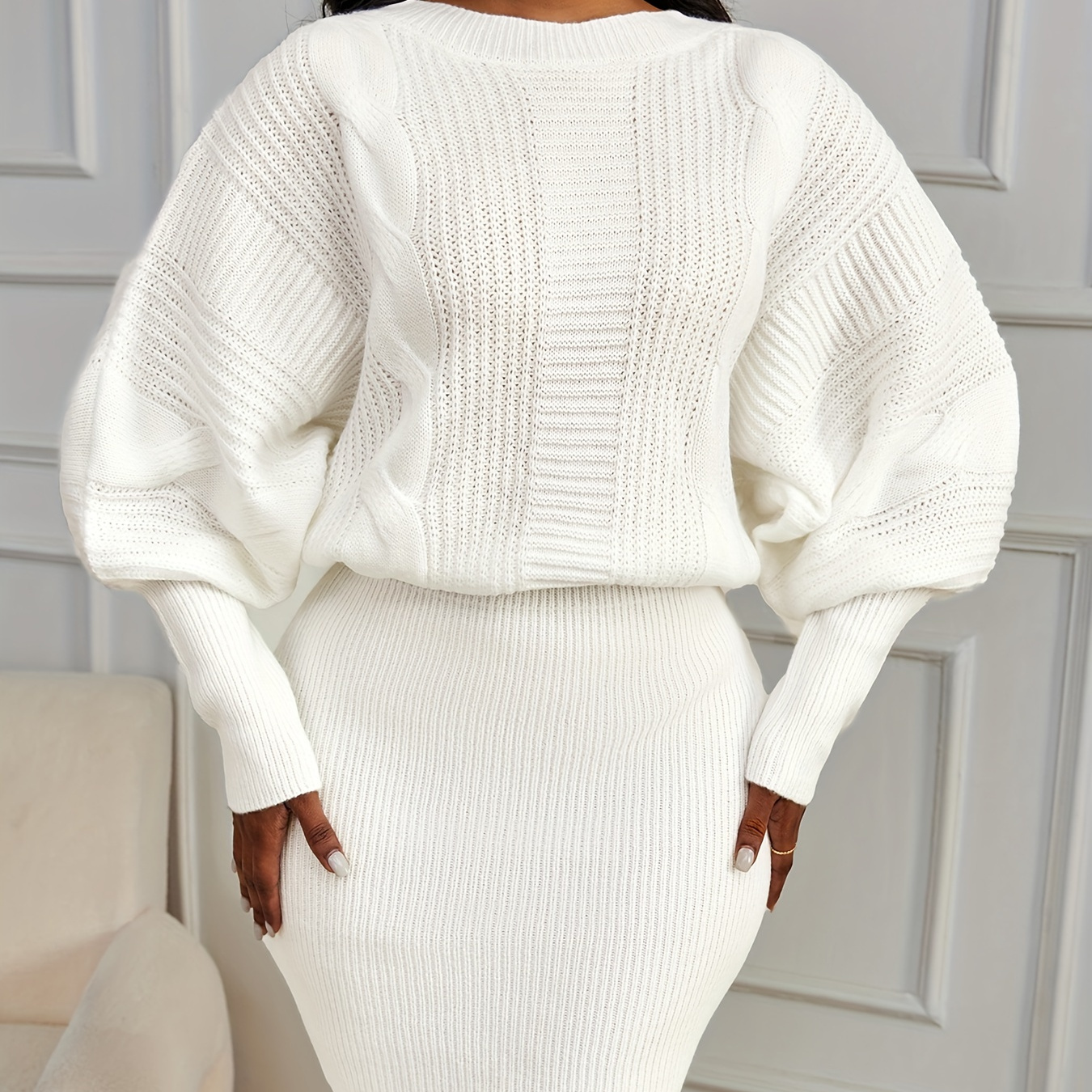 

Solid Color Crew Neck Dress, Elegant Long Sleeve Ribbed Knitted Dress For Spring & Fall, Women's Clothing