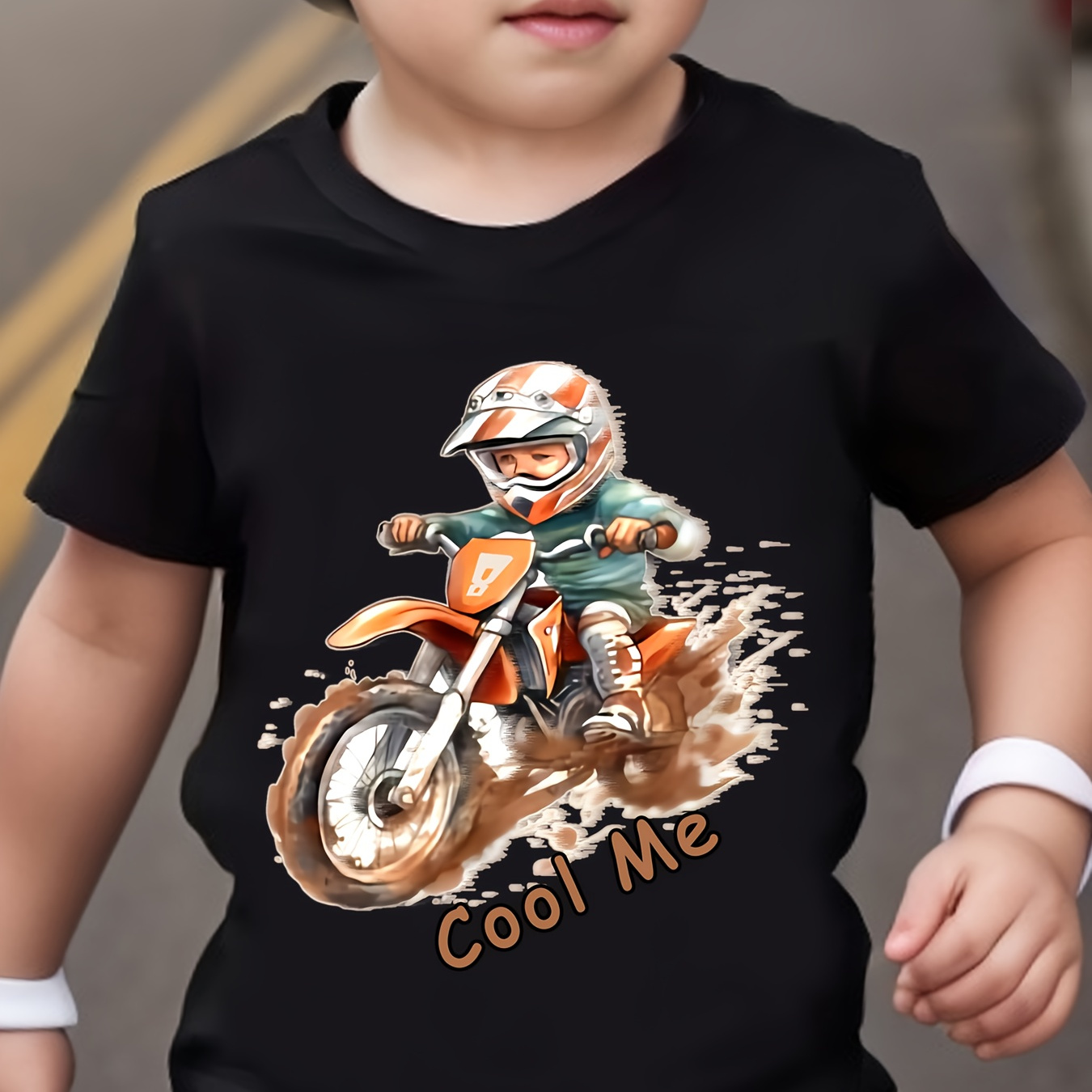 

T-shirt à manches courtes pour garçons Motocross - Haut décontracté à col rond pour enfants, mélange (25 % coton, 75 % polyester), coupe standard, printemps/été/automne, tailles pour 12 ans et moins