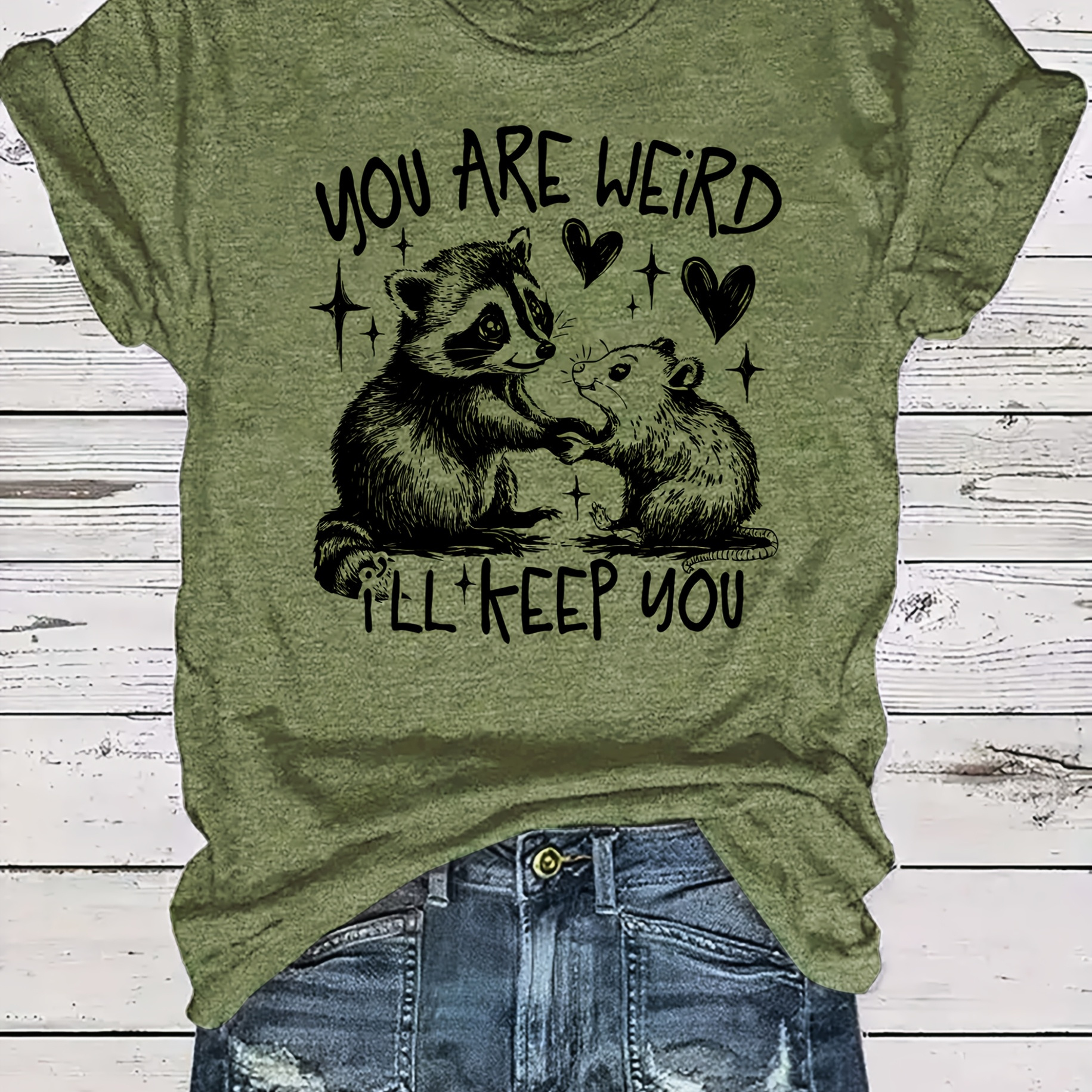 

Women's "you Are Weird, " Graphic T-shirt - Casual Green Crew Neck Tee With Black & , Soft Polyester, Machine Washable, Shirt