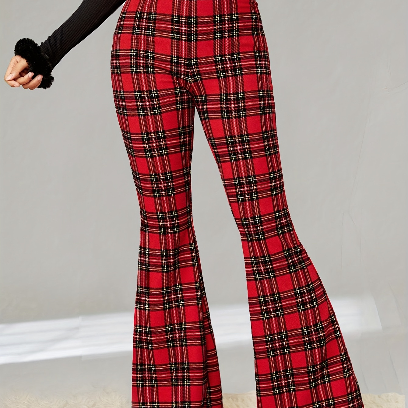 

Women's High-waisted Flare Pants - Stretchy Polyester Bell Bottoms With & Design, Comfortable Wear, Ladies Pants