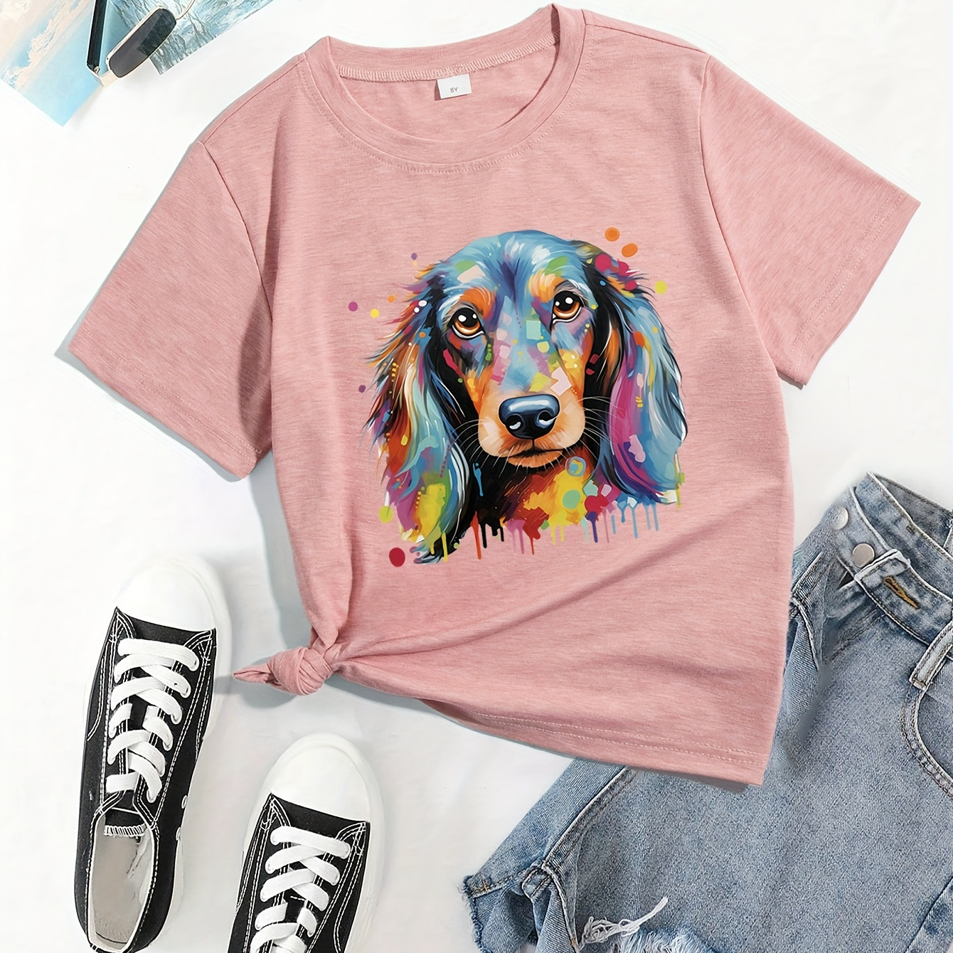 

Trendy Puppy Graphic Print Creative T-shirts, Soft & Elastic Comfy Crew Neck Short Sleeve Tee, Girls' Summer Tops