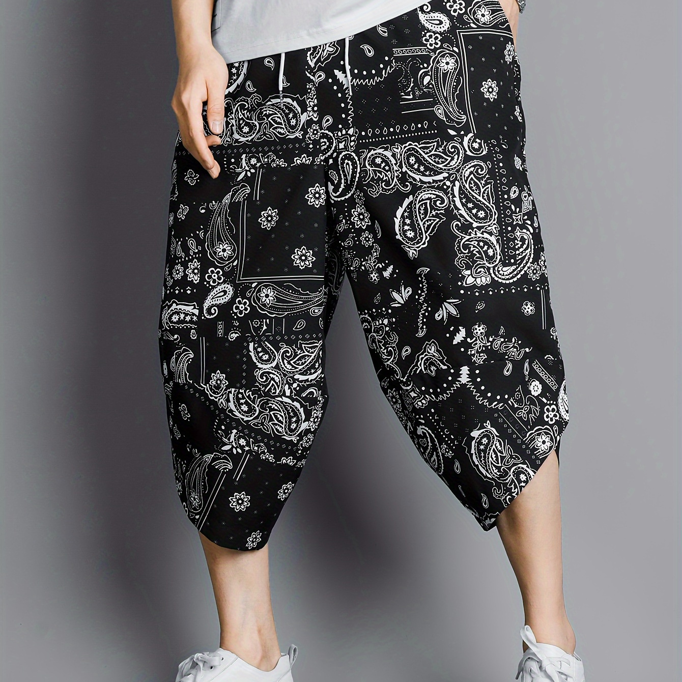 

Men's Paisley Print Drawstring Harem Capri Pants, Trendy Pants Outdoor Trousers For Fall And Spring