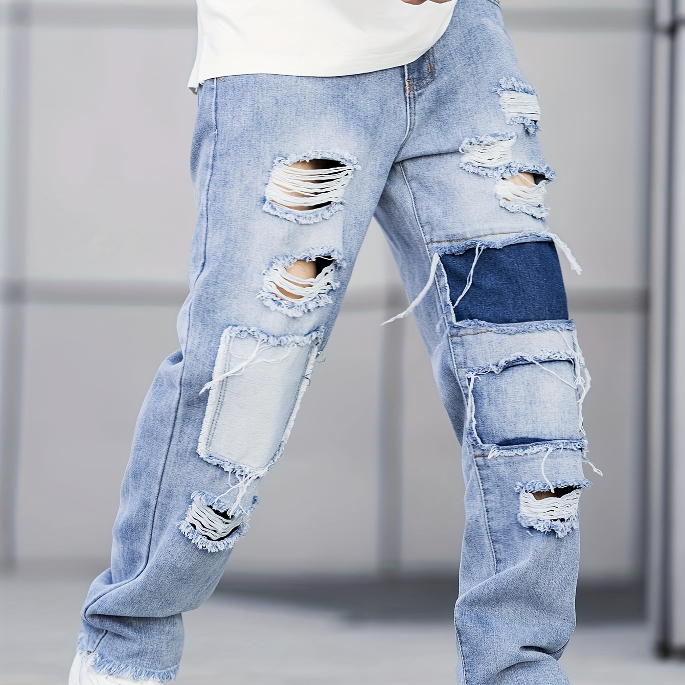 

Cotton Blend Men's Stylish Ripped Loose Straight Leg Washed Denim Pants For Spring Summer Fall, Outdoor Street Style