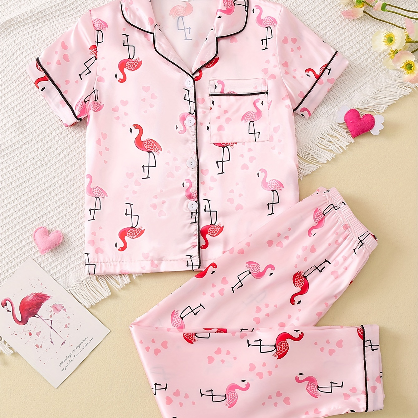 

[2-piece Set] Spring And Summer Cute Cartoon Pajamas Comfortable Satin Cardigan Lapel Short Sleeve Top And Trousers 8-12 Years Old Middle And Big Children Girl Suit Homewear Suit