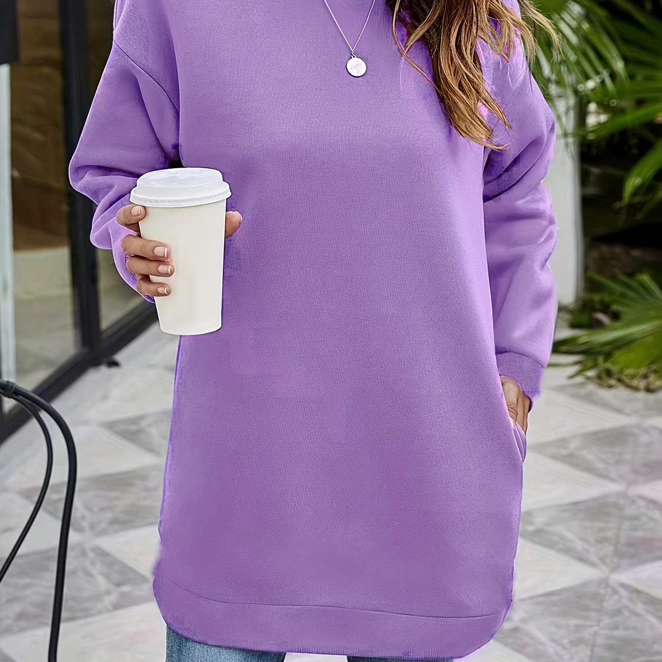 

Plus Size Basic Sweatshirt, Women's Plus Solid Long Sleeve Round Neck Medium Stretch Split Pullover Top With Pockets