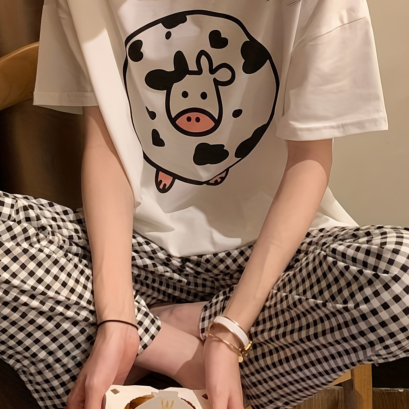 

Women's Cute Lounge Set, Short Sleeve Cow Print Tee & Plaid Pants, Casual Home Two-piece Outfit