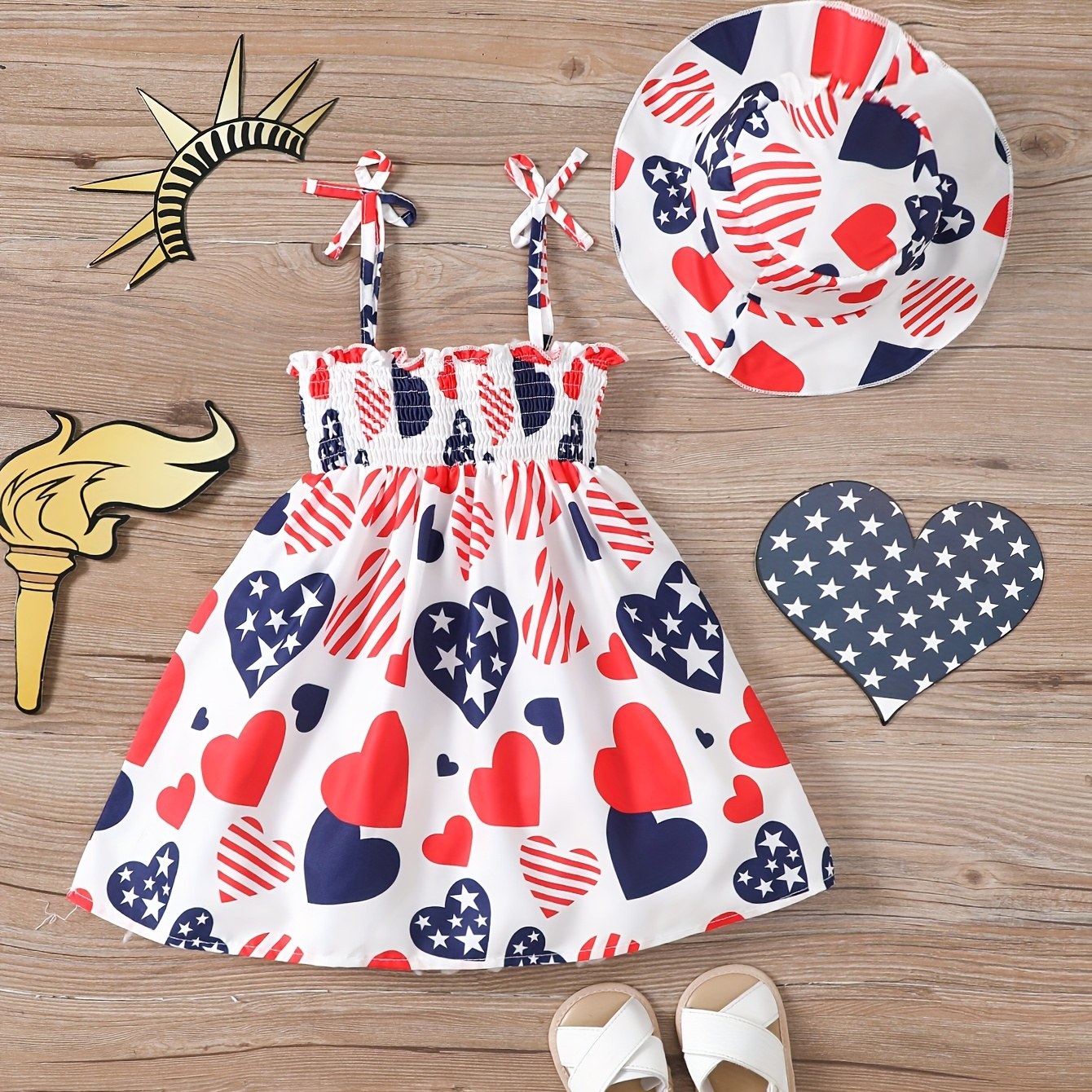 

Infant & Toddler's Cartoon Heart Pattern Shirred Dress & Hat, Independence Day Style Cami Dress, Baby Girl's Clothing For Summer