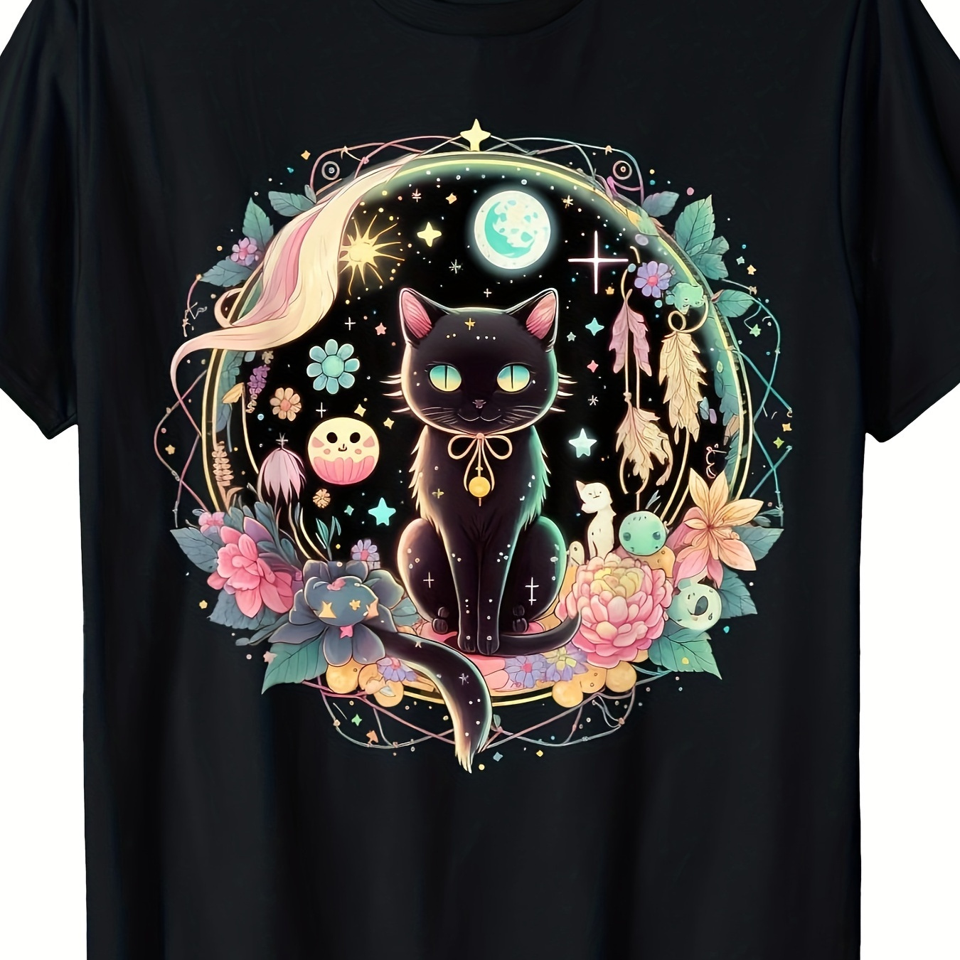 

Moon Phases Crystal Cute Black Cat T-shirt200g