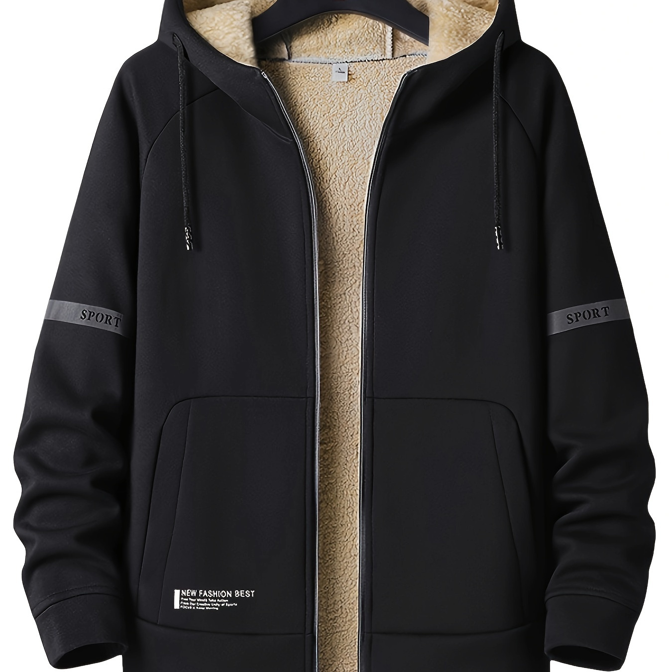 

Men's Fleece-lined Hoodie - Casual Streetwear Zip-up Jacket With Kangaroo Pocket, Long Sleeves For Fall & Winter