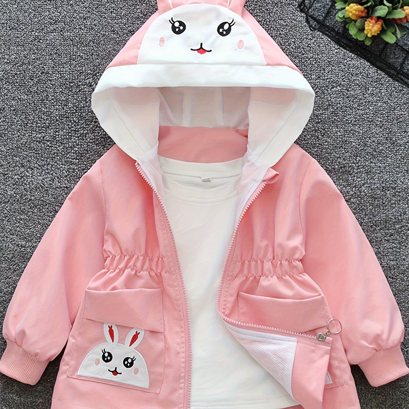 

Girls Cartoon Cute Hooded Windbreaker, 3d Bunny Ears Design Zipper Tunic Jacket Spring Outerwear Cardigan