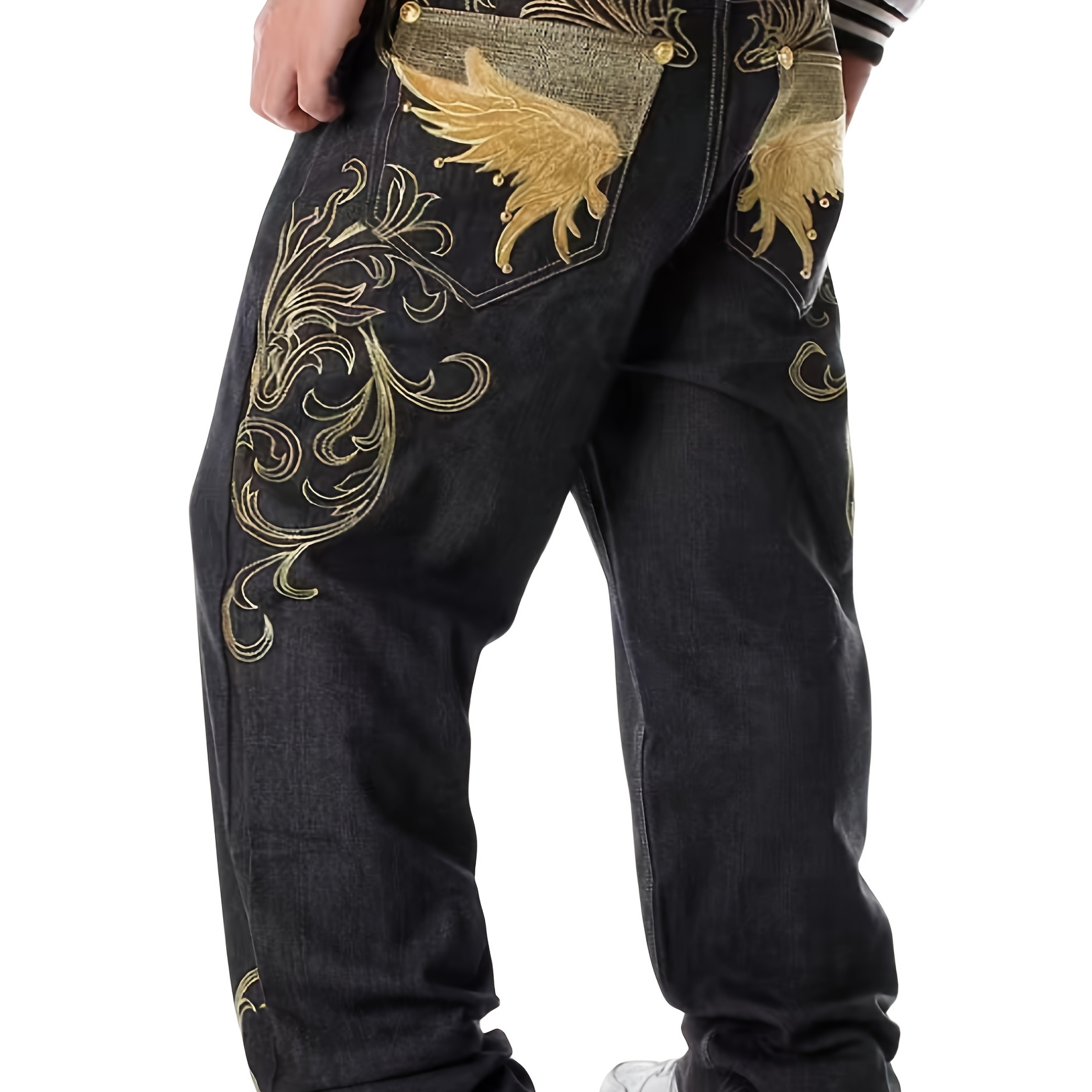 

Men's Original Color Denim Straight Tube Skateboard Pants With Embroidered Street Dance Clothing Hip-hop Denim Pants In Black