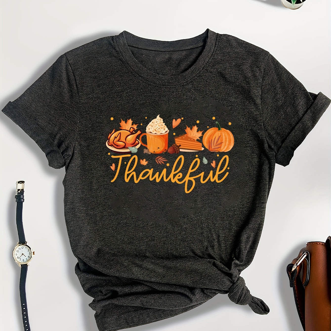 

Thanksgiving Letter Print T-shirt, Casual Crew Neck Short Sleeve T-shirt, Women's Clothing