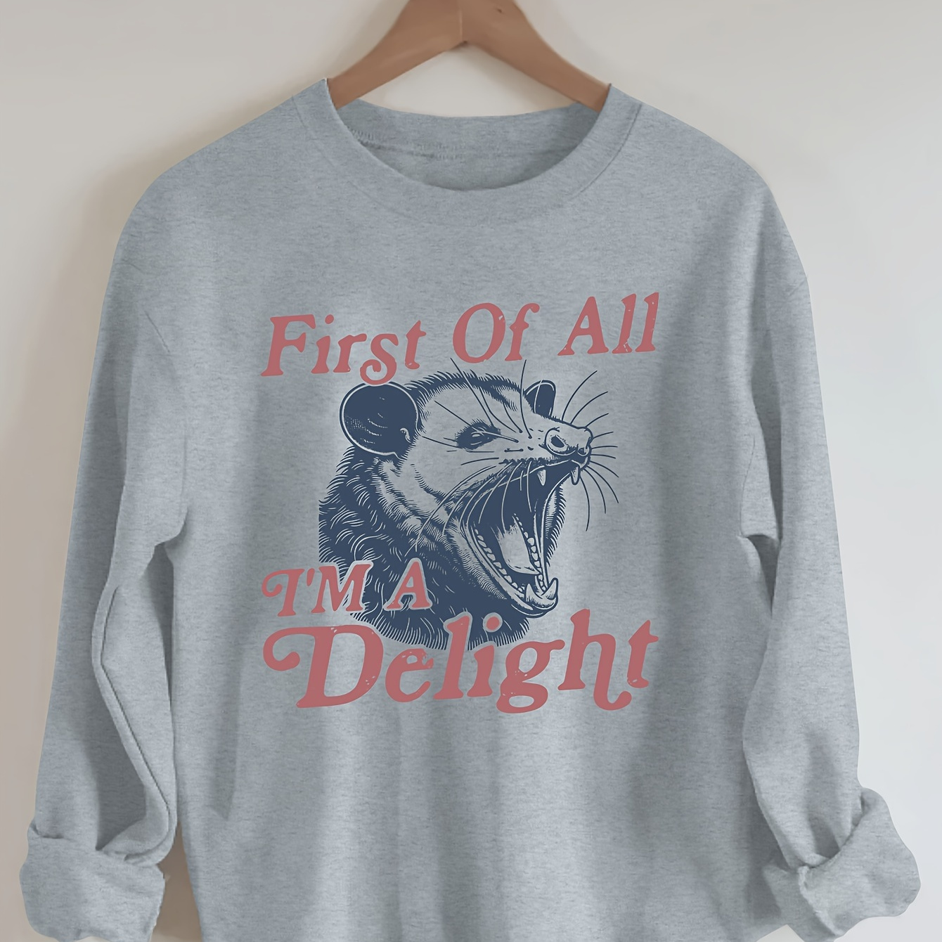 

Women's Casual Crew Neck Sweatshirt With Opossum - 100% Polyester Knit Fabric, Long Sleeve Pullover For Fall/winter, Alphabet Pattern