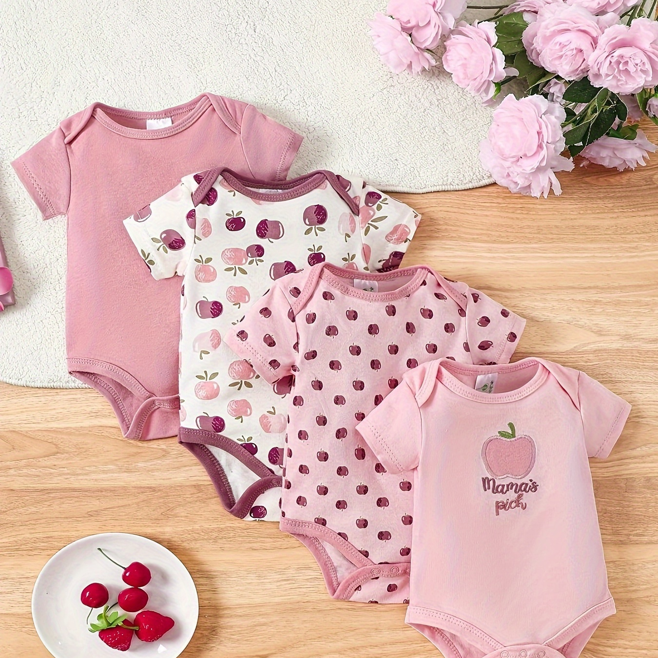 

4pcs Baby's Cartoon Fruit Pattern Cotton Triangle Bodysuit, Casual Short Sleeve Romper, Toddler & Infant Girl's Onesie For Summer, As Gift