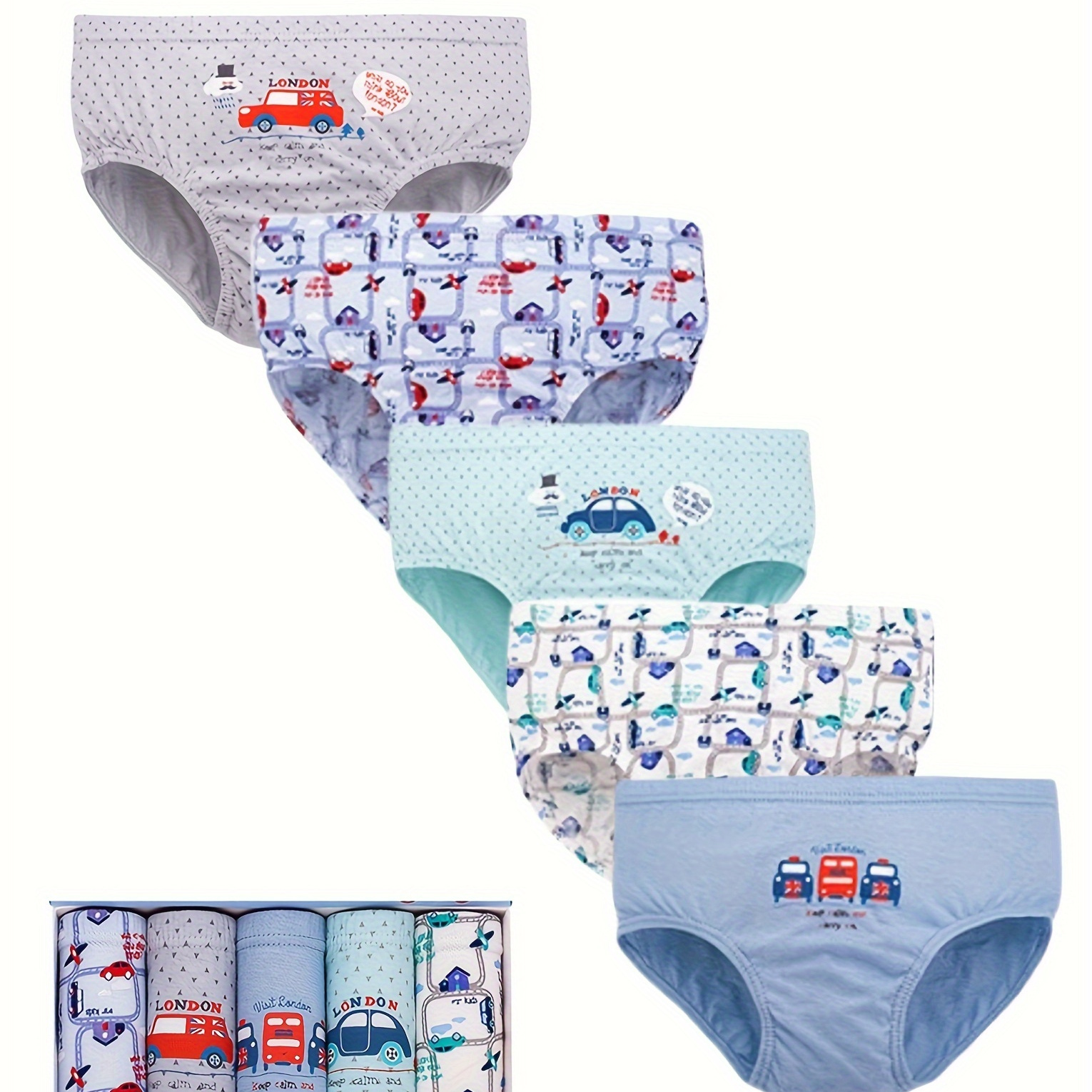 

5 Pcs Boy's Cute Car & Plane Print Triangle Briefs, Soft & Comfy Cotton Underwear Set, For All Season Wearing