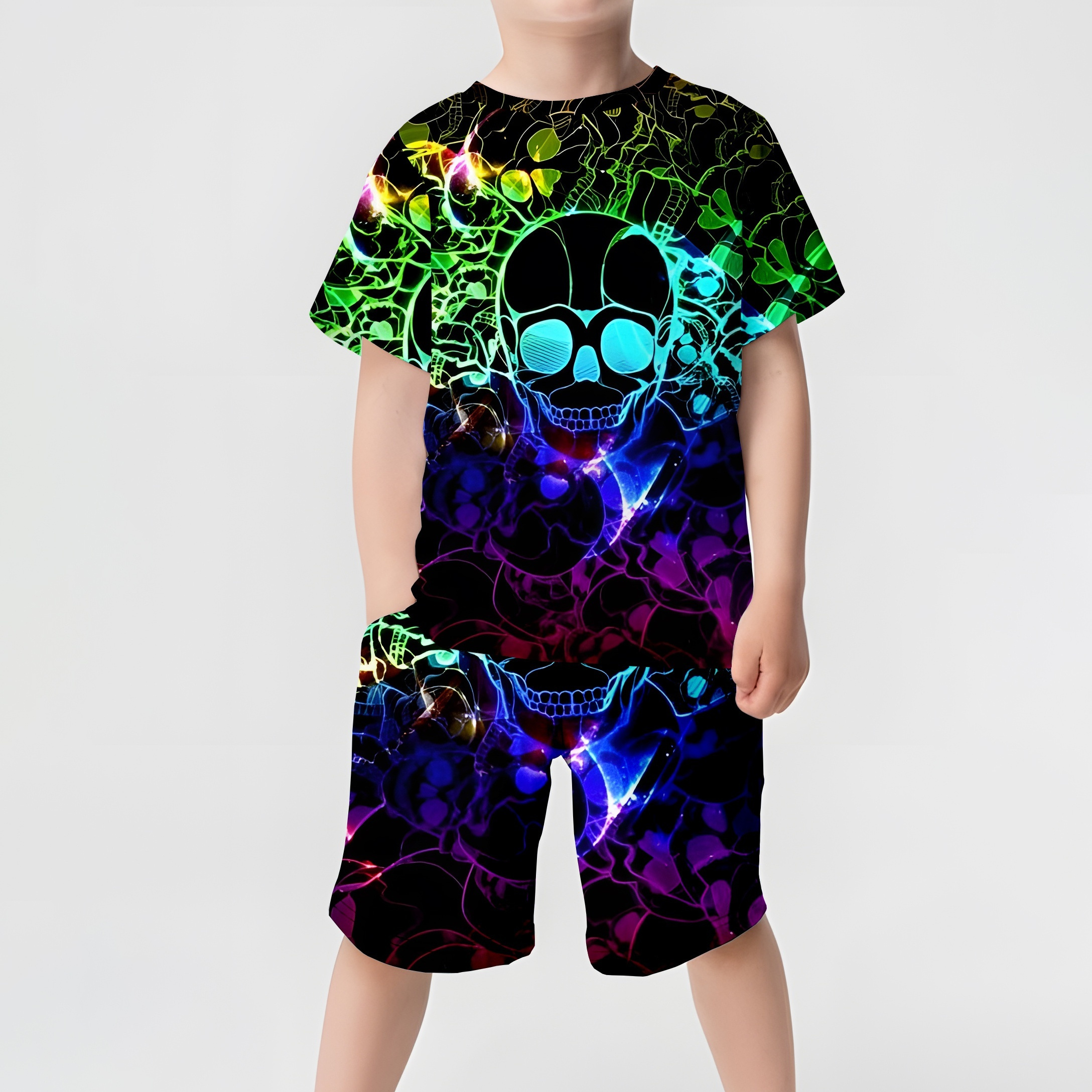 

Boys 2-piece Set, Colorful Skull 3d Print Short Sleeve T-shirt And Shorts, Casual Style Summer Outfit For Boys