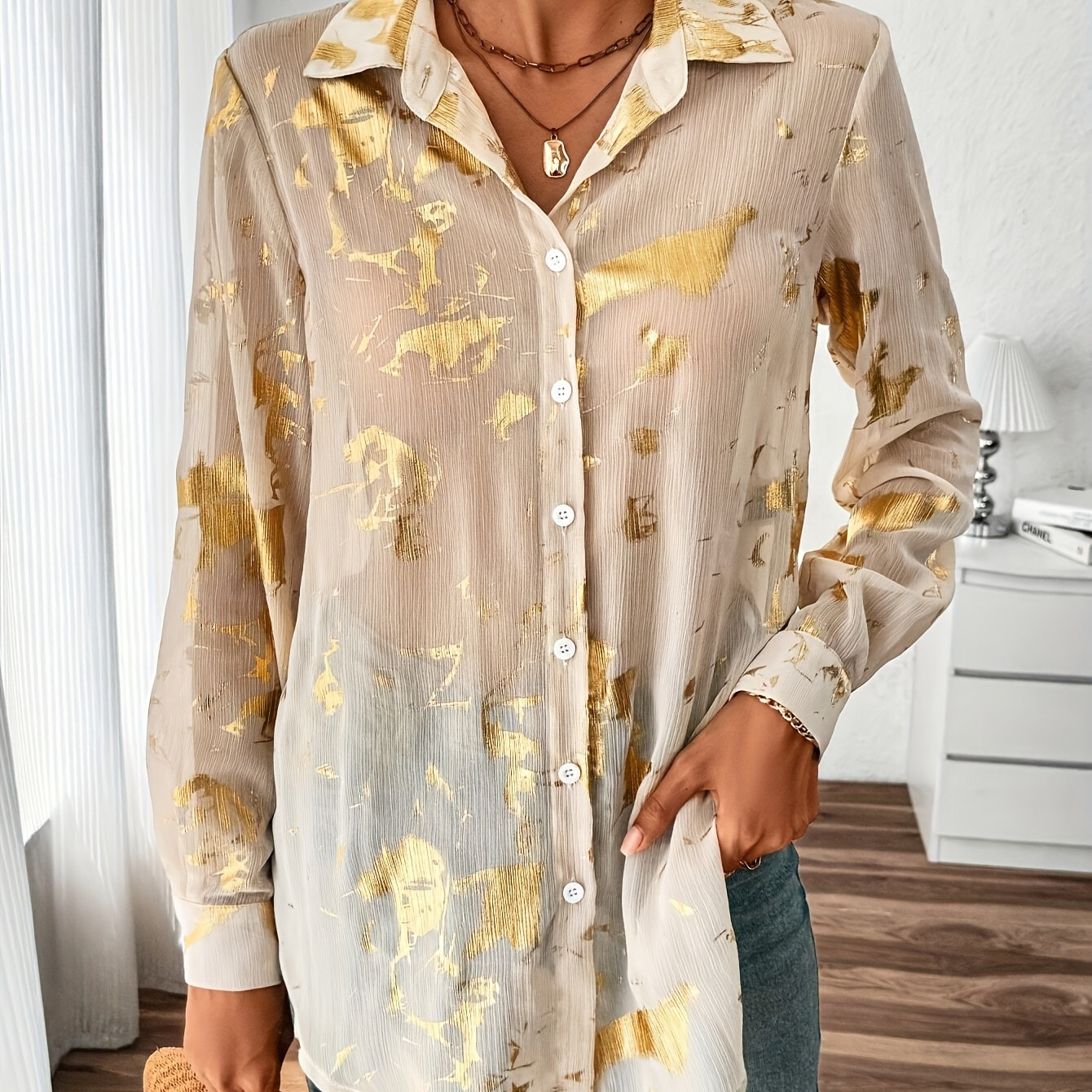 

Chemise semi-transparente à imprimé intégral, chemise décontractée à manches longues et boutons sur le devant pour et , vêtements pour femmes