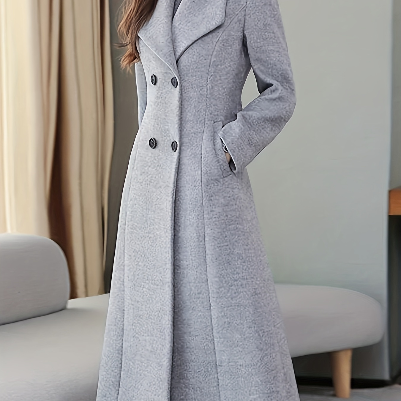 

Double Breasted Lapel Longline Jacket, Elegant Long Sleeve Pockets Simple Slim Overcoat For Fall & Winter, Women's Clothing