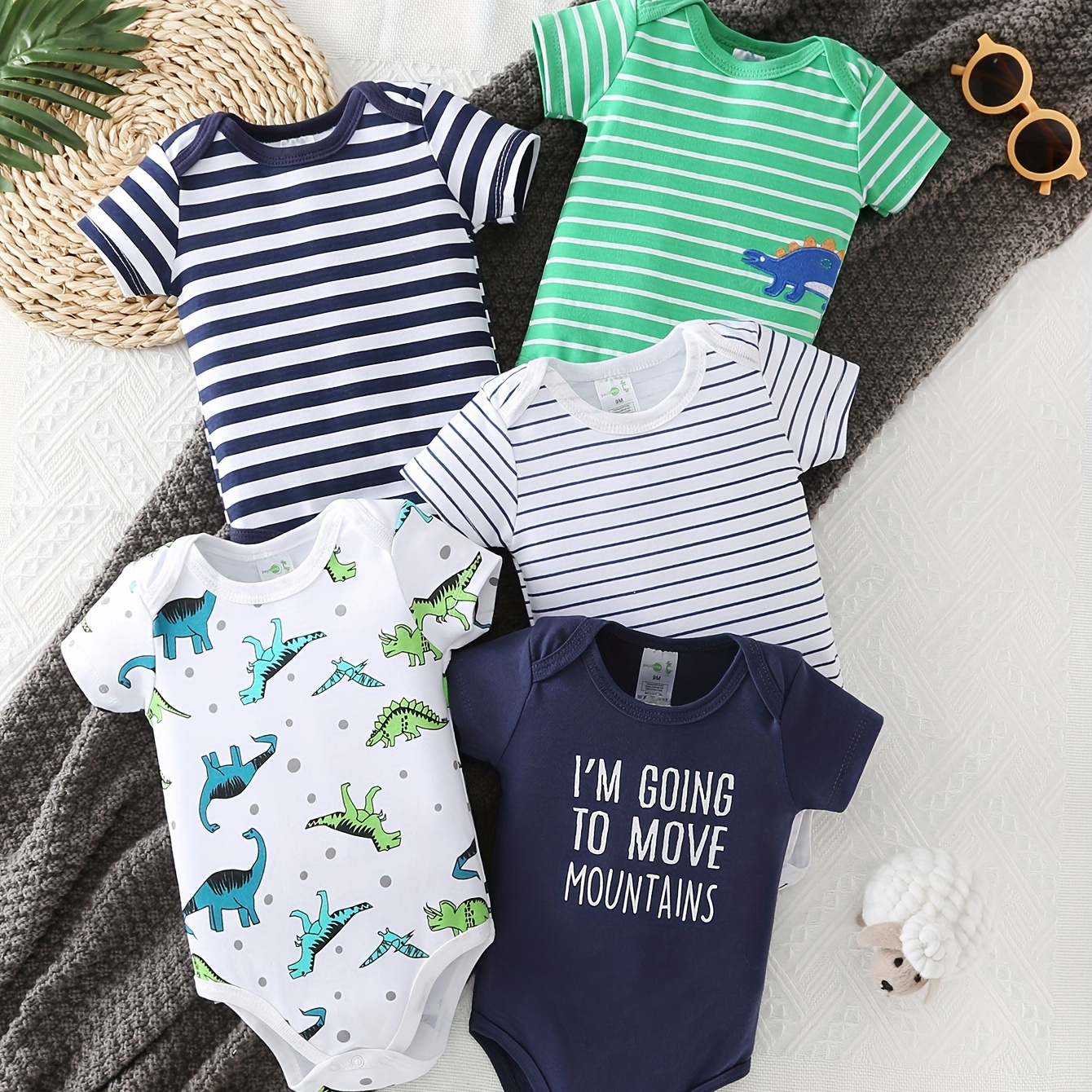 

5-pack Baby Boys Summer 100% Cotton Onesies, Short Sleeve, Comfortable Dinosaur & Striped Triangular Bodysuits Set, Casual Style